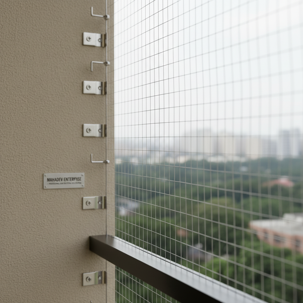 A close-up, photographic view of a corner balcony showcasing an expertly installed bird safety net made of fine, UV-stabilized transparent nylon mesh, neatly tensioned and fixed with stainless steel hooks and anchor plates along a beige concrete wall. Soft diffused daylight illuminates the net, revealing its delicate grid pattern while still allowing a clear glimpse of treetops and distant buildings outside. The camera is positioned at an oblique angle, using shallow depth of field so the neat attachment hardware is crisp and sharp while the exterior environment gently falls into bokeh. The mood is clean, professional, and reassuring, emphasizing durability and precision installation for Mahadev Enterprise.