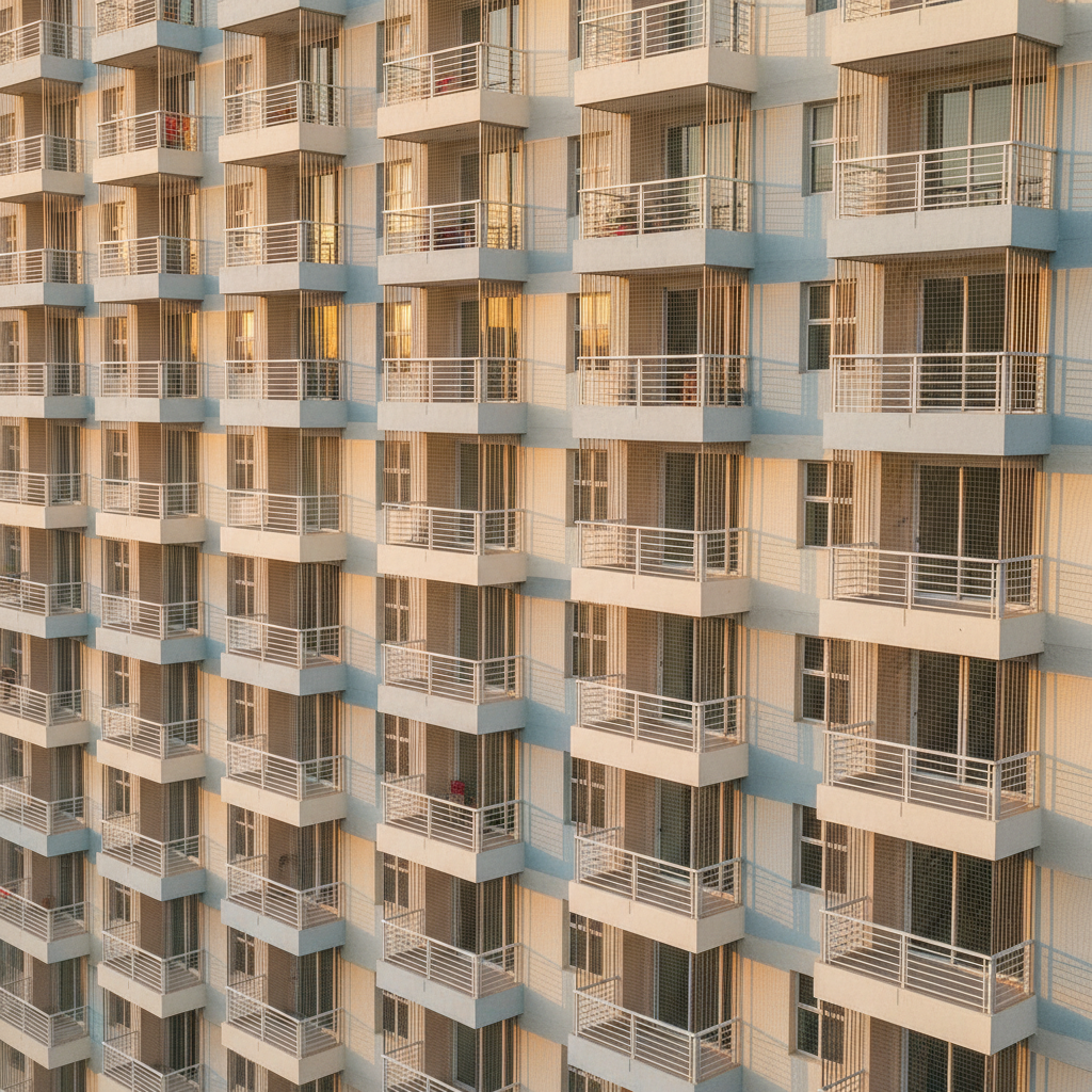 A large residential building facade photographed from a slightly elevated angle, featuring multiple balconies uniformly protected with invisible grills and translucent bird nets. Each balcony shows taut, vertical stainless steel cables and finely woven netting, seamlessly integrated with white railings and light pastel exterior walls. Late afternoon golden light creates soft highlights on the metal fittings and gentle shadows across the facade, giving a sense of depth and order. The image is captured in photographic realism with a wide, architectural composition that keeps every balcony in sharp focus. The atmosphere conveys reliability, large-scale capability, and professional execution suitable for housing societies and apartment complexes.