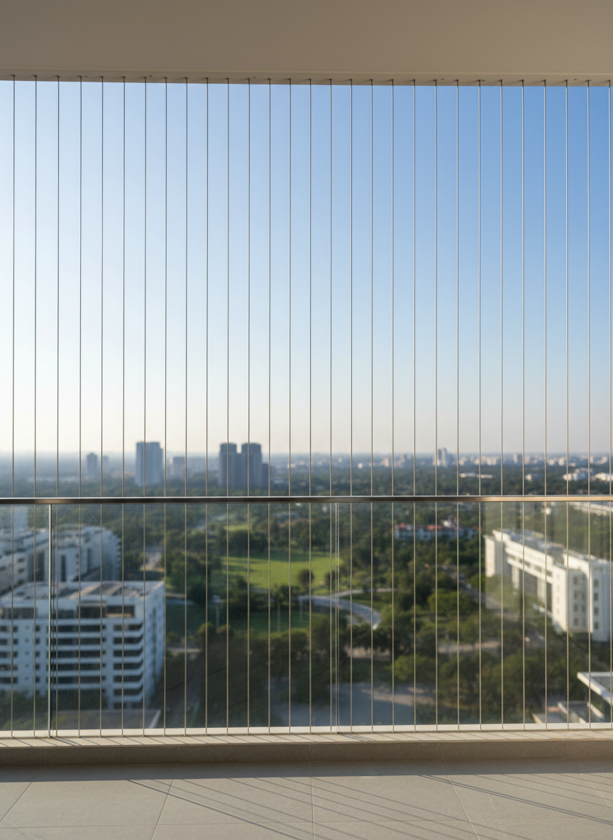 A modern high-rise apartment balcony fitted with sleek invisible grills made of thin, high-tensile stainless steel cables stretched in perfect vertical lines from floor to ceiling. The grills are almost imperceptible against a clear blue sky, allowing an unobstructed panoramic view of a distant city skyline and greenery. Soft afternoon natural light washes over clean, light-colored tiles and a minimal glass railing, casting faint linear shadows from the cables. Photographic realism at eye level, with a wide-angle composition emphasizing openness, safety, and transparency. The atmosphere feels professional, secure, and premium, with sharp focus on the invisible grill details and a gently blurred cityscape beyond.