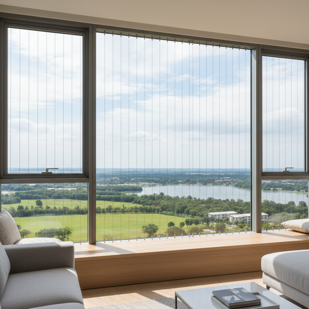 An interior view from inside a high-floor living room looking out through a large sliding window secured with invisible grills. Slim, vertical stainless steel cables are anchored precisely to the top and bottom frames, barely interrupting the expansive view of a green landscape and distant lake. Natural daylight streams through, illuminating a simple, light-colored window sill and casting very subtle, almost imperceptible linear shadows across it. Shot at eye level in photographic realism, the composition uses the rule of thirds to balance the window, grills, and view, creating a calm, premium, and secure atmosphere ideal for showcasing how safety and aesthetics can coexist in modern homes.
