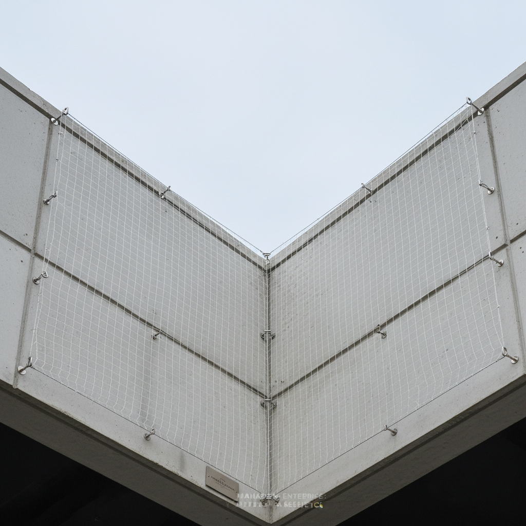 A detailed photographic close-up of a building’s exterior corner where an L-shaped bird net installation seamlessly follows both adjoining walls. The transparent, high-density netting is tightly stretched and fixed with uniform stainless steel hooks, corner brackets, and tensioned perimeter cables. Overcast daylight provides even, diffused lighting, reducing harsh shadows and clearly revealing the texture and weave of the net. The neutral-colored walls and minimal architectural lines keep the focus on the precision of the installation. Captured from a slightly upward angle, the composition emphasizes engineering quality, weather resistance, and professional finishing, reflecting Mahadev Enterprise’s attention to safety, longevity, and clean aesthetics.